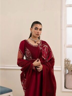 Maryum N Maria Elegant Wine Red Embellished Women's Dress